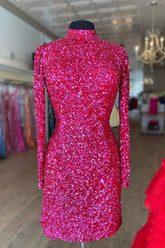 Fuchsia Bodycon Long Sleeve Homecoming Dress With Sequins